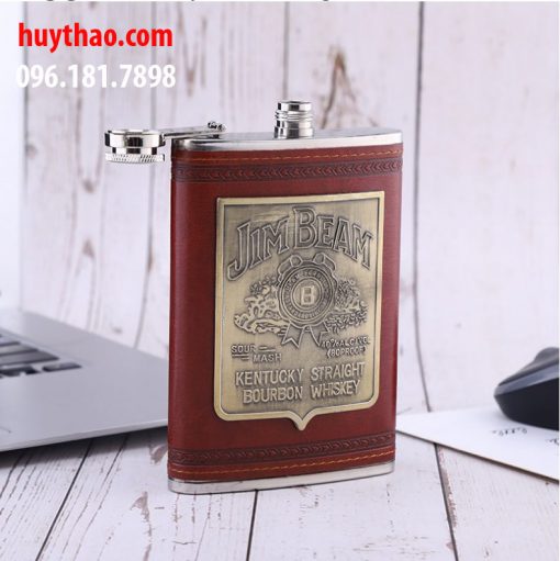 Bình inox đựng rươu mini dung tích 250ml bọc da đỏ logo JimBeam - Ảnh 2