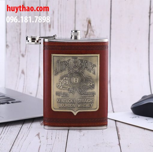 Bình inox đựng rươu mini dung tích 250ml bọc da đỏ logo JimBeam - Ảnh 3
