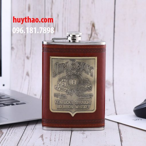 Bình inox đựng rươu mini dung tích 250ml bọc da đỏ logo JimBeam - Ảnh 4